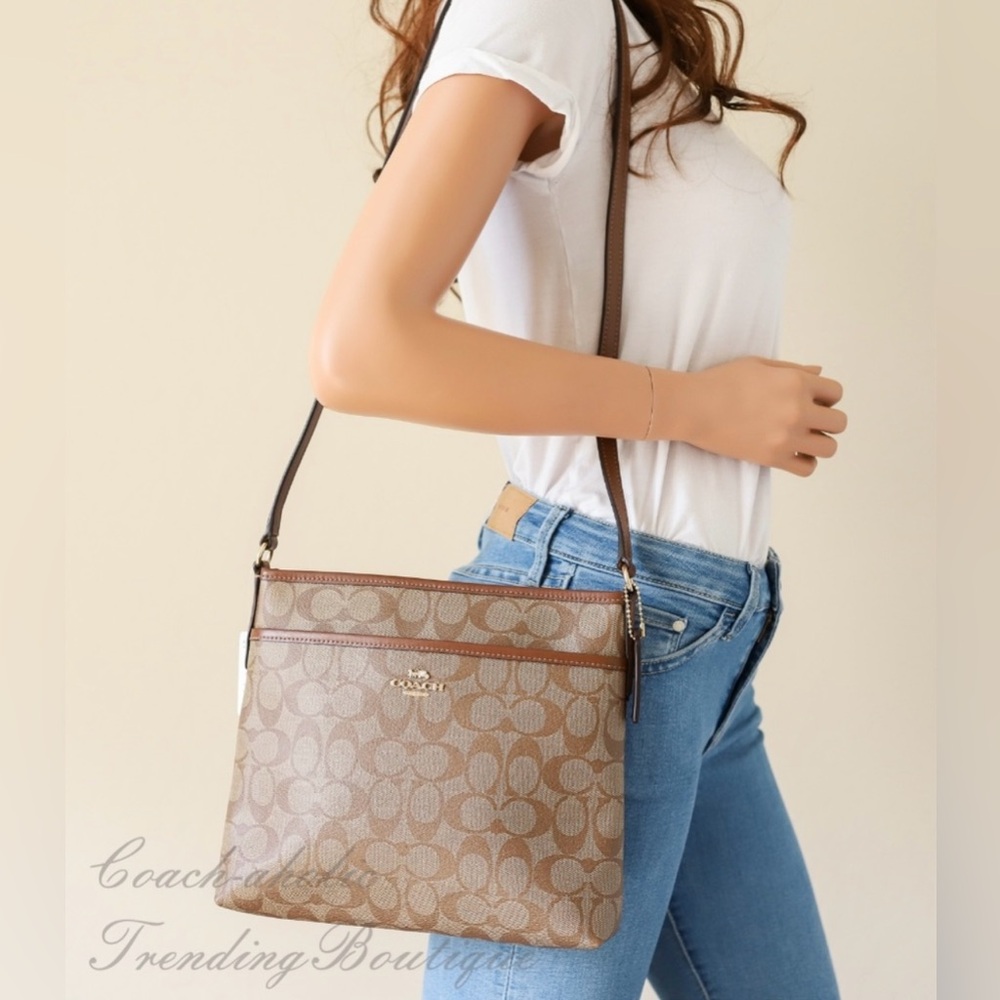 Coach Signature File Crossbody Bag, khaki saddle-colored coated canvas & Leather